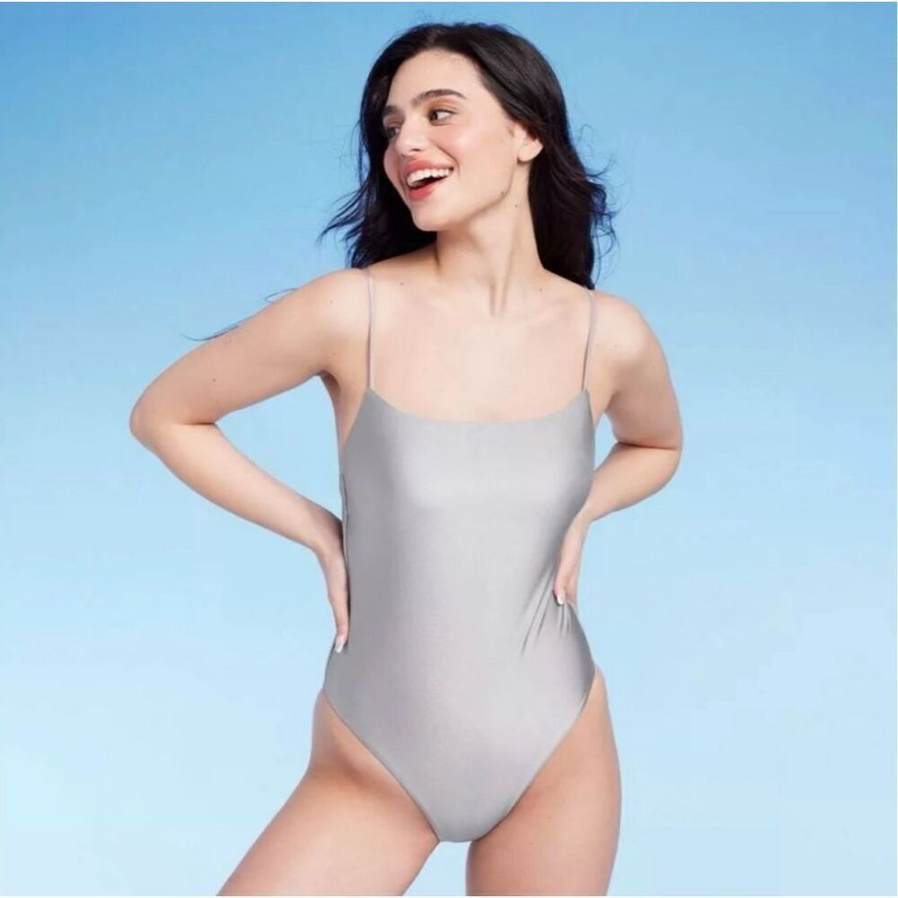 🌸 Shade and Shore Silver High Leg Cheeky One Piece Swimsuit Size Small New